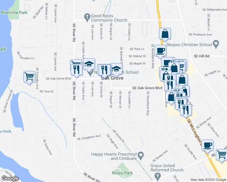 map of restaurants, bars, coffee shops, grocery stores, and more near 14808 Southeast Rupert Drive in Milwaukie