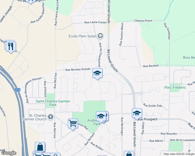 map of restaurants, bars, coffee shops, grocery stores, and more near 612 Rue du Chardonnay in Sherbrooke