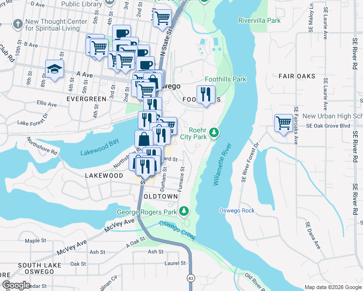 map of restaurants, bars, coffee shops, grocery stores, and more near 5007 Foothills Road in Lake Oswego