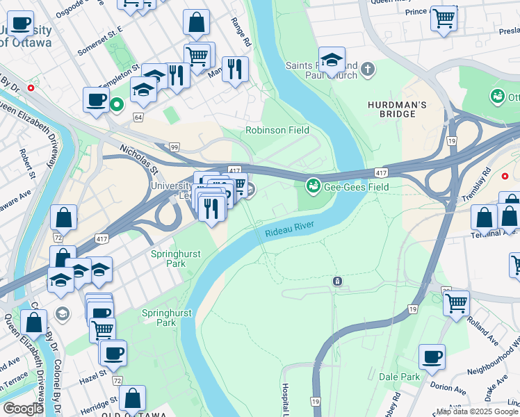 map of restaurants, bars, coffee shops, grocery stores, and more near 200 Lees Avenue in Ottawa