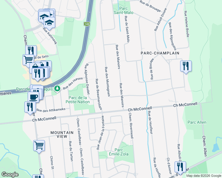 map of restaurants, bars, coffee shops, grocery stores, and more near 80 Rue des Montagnais in Gatineau