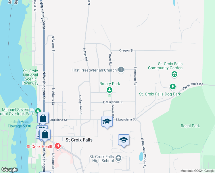 map of restaurants, bars, coffee shops, grocery stores, and more near 411 Tower Road in Saint Croix Falls