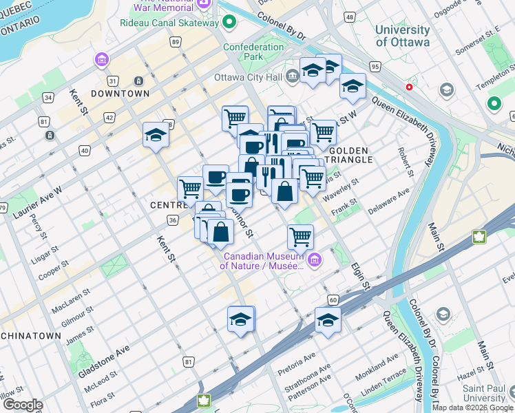 map of restaurants, bars, coffee shops, grocery stores, and more near 295 Gilmour Street in Ottawa