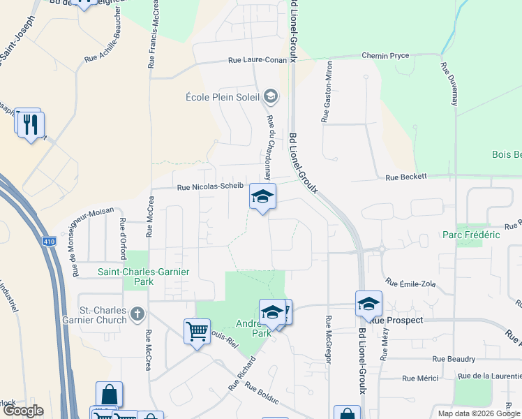 map of restaurants, bars, coffee shops, grocery stores, and more near 612 Rue du Chardonnay in Sherbrooke