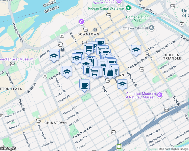 map of restaurants, bars, coffee shops, grocery stores, and more near 258 Kent Street in Ottawa
