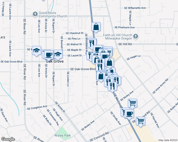 map of restaurants, bars, coffee shops, grocery stores, and more near 2906 Southeast Oak Grove Boulevard in Milwaukie