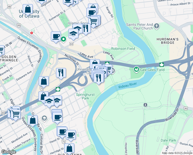 map of restaurants, bars, coffee shops, grocery stores, and more near 169 Lees Avenue in Ottawa