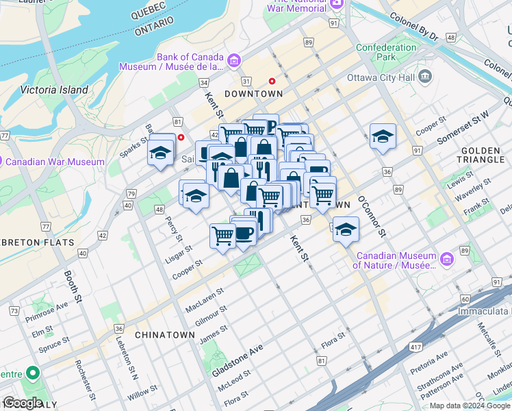 map of restaurants, bars, coffee shops, grocery stores, and more near 423 Lisgar Street in Ottawa