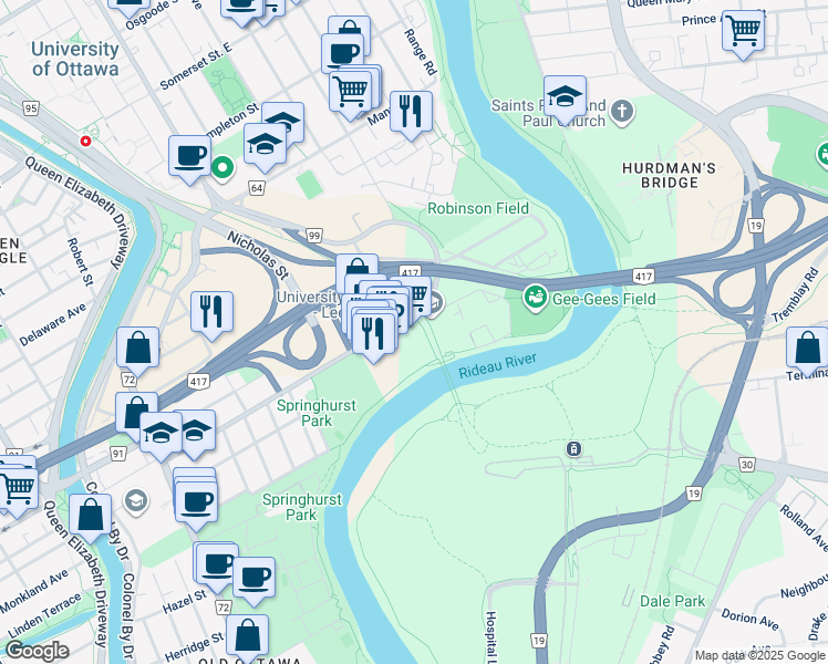 map of restaurants, bars, coffee shops, grocery stores, and more near 190 Lees Avenue in Ottawa