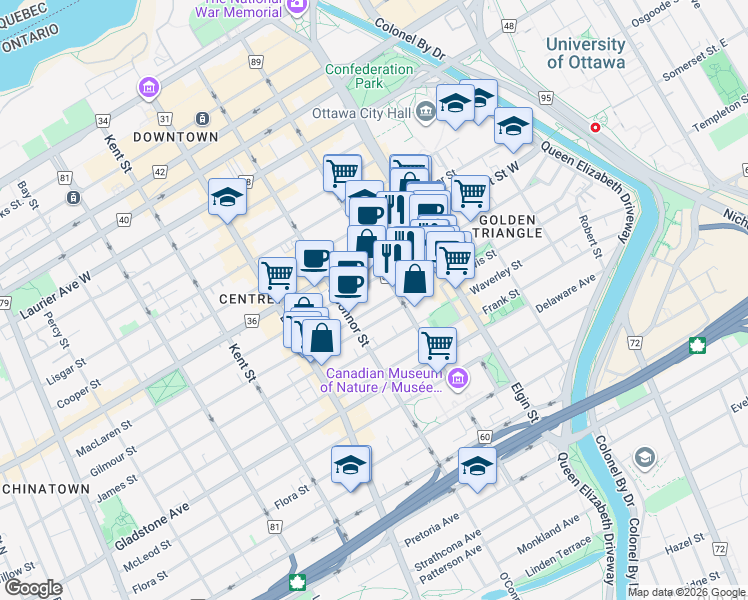 map of restaurants, bars, coffee shops, grocery stores, and more near 295 Gilmour Street in Ottawa