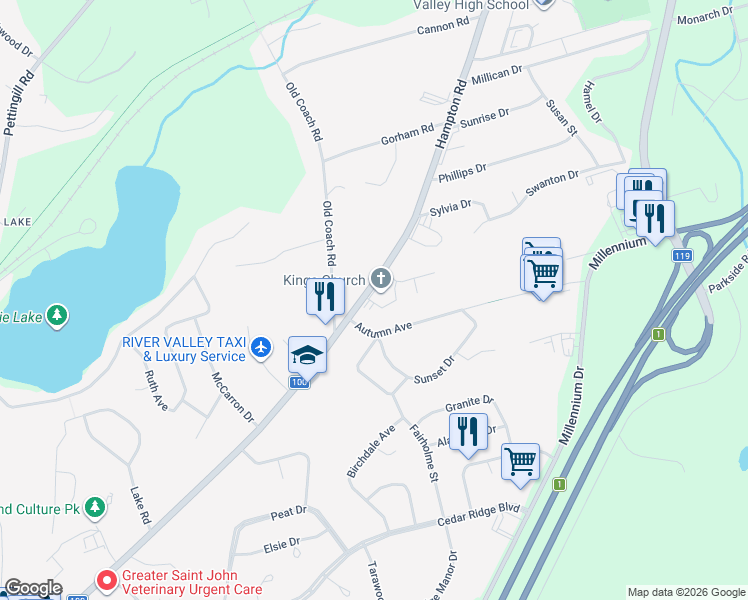 map of restaurants, bars, coffee shops, grocery stores, and more near 324 Hampton Road in Quispamsis