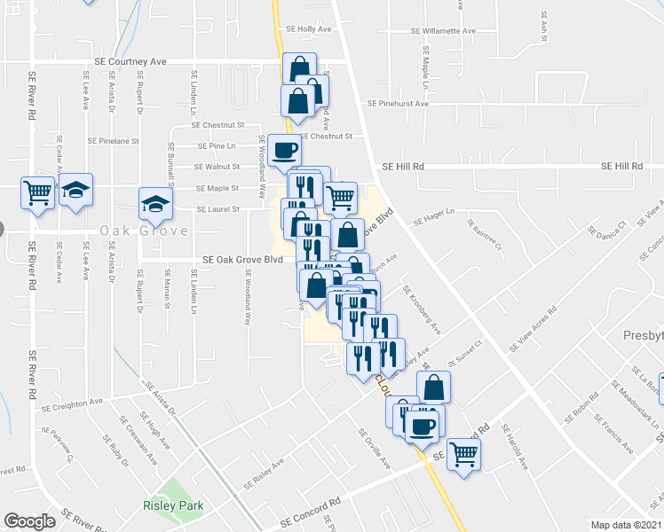 map of restaurants, bars, coffee shops, grocery stores, and more near 14810 Southeast McLoughlin Boulevard in Milwaukie