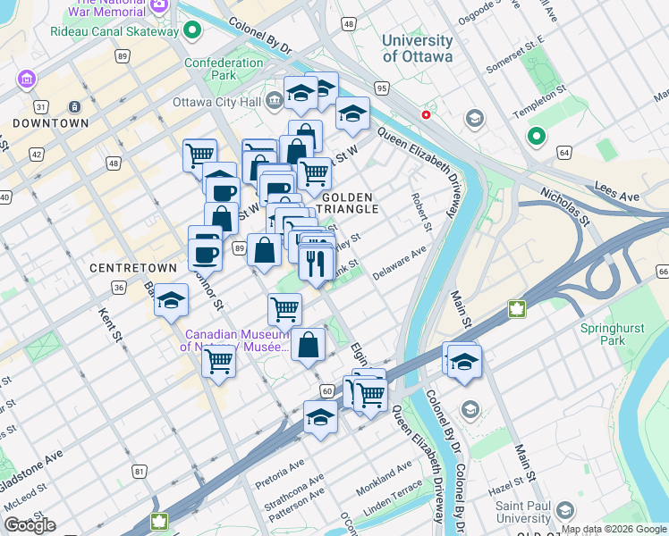 map of restaurants, bars, coffee shops, grocery stores, and more near 173 Frank Street in Ottawa