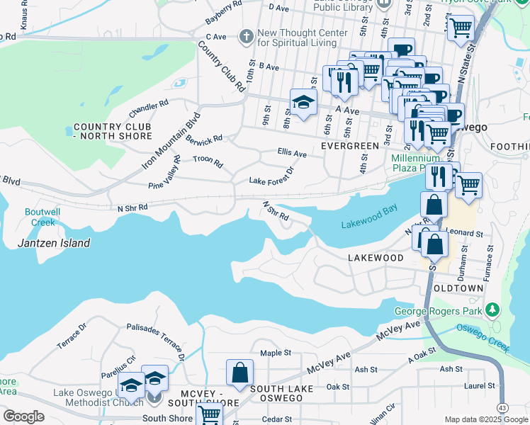 map of restaurants, bars, coffee shops, grocery stores, and more near 876 Northshore Road in Lake Oswego