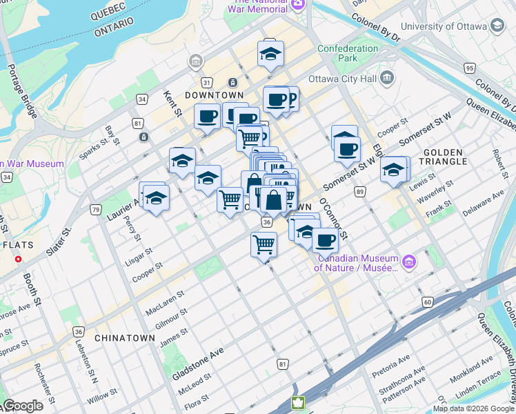 map of restaurants, bars, coffee shops, grocery stores, and more near 331 Cooper Street in Ottawa