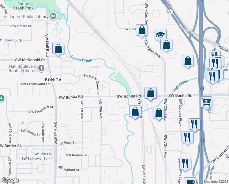 map of restaurants, bars, coffee shops, grocery stores, and more near 7645 Southwest Bonita Road in Tigard