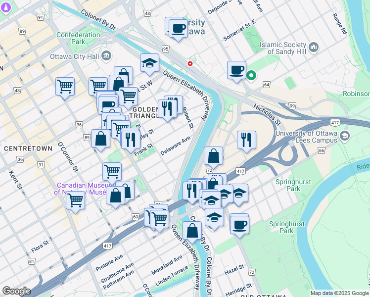 map of restaurants, bars, coffee shops, grocery stores, and more near 108 Queen Elizabeth Driveway in Ottawa