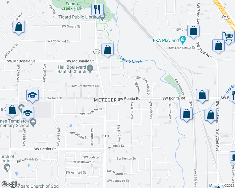 map of restaurants, bars, coffee shops, grocery stores, and more near 8345 SW Bonita Rd in Tigard