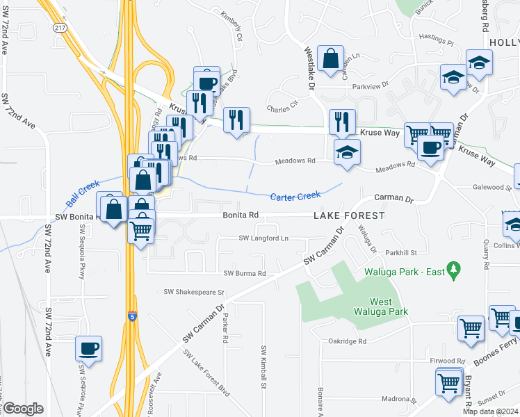map of restaurants, bars, coffee shops, grocery stores, and more near 5717 Bonita Road in Lake Oswego