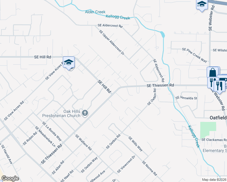 map of restaurants, bars, coffee shops, grocery stores, and more near 5409 Southeast Thiessen Road in Milwaukie