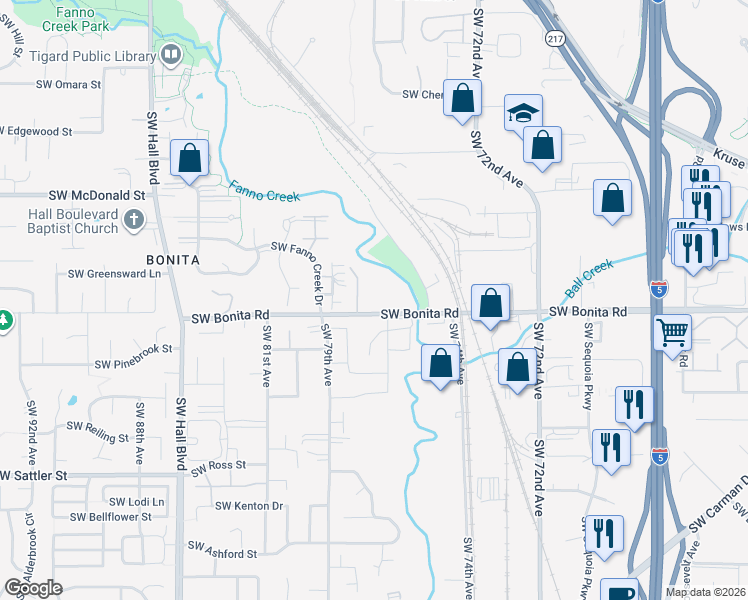 map of restaurants, bars, coffee shops, grocery stores, and more near 7645 Southwest Bonita Road in Tigard