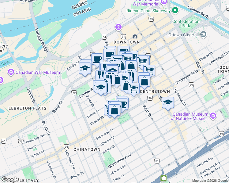 map of restaurants, bars, coffee shops, grocery stores, and more near 246 Lyon Street North in Ottawa