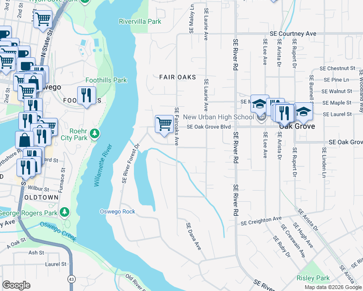 map of restaurants, bars, coffee shops, grocery stores, and more near 14912 Southeast Fairoaks Avenue in Milwaukie
