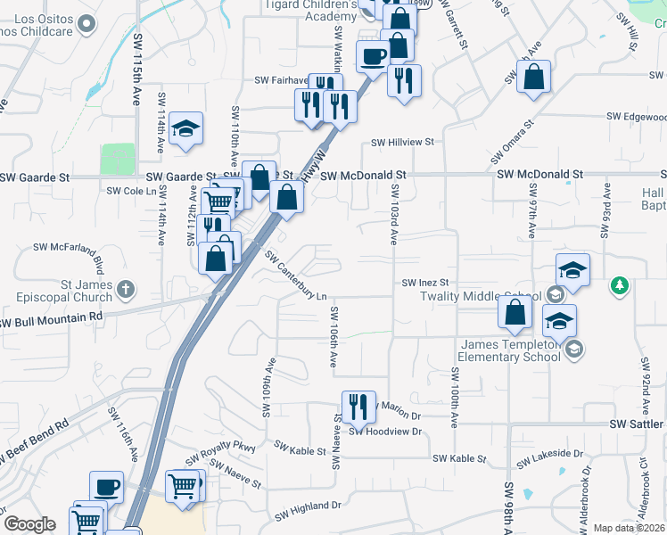 map of restaurants, bars, coffee shops, grocery stores, and more near 10711 Southwest Canterbury Lane in Tigard