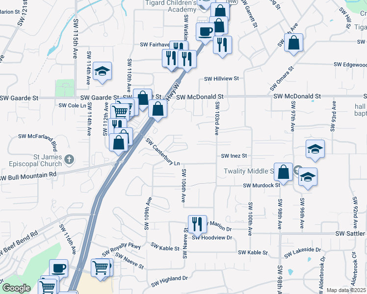 map of restaurants, bars, coffee shops, grocery stores, and more near 10715 Southwest Canterbury Lane in Tigard