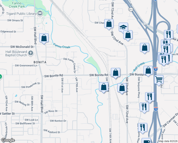 map of restaurants, bars, coffee shops, grocery stores, and more near 7645 Southwest Bonita Road in Tigard