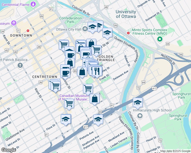 map of restaurants, bars, coffee shops, grocery stores, and more near 343 Elgin Street in Ottawa