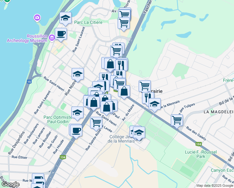 map of restaurants, bars, coffee shops, grocery stores, and more near 574 Chemin de Saint-Jean in La Prairie