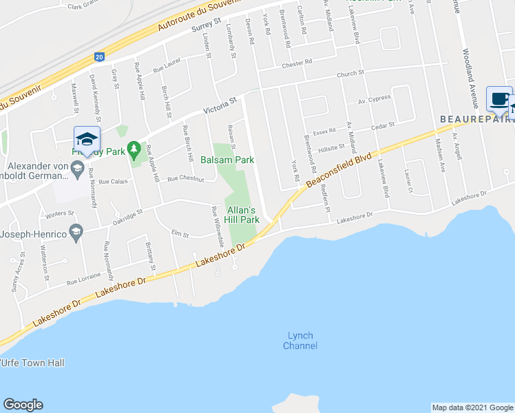 map of restaurants, bars, coffee shops, grocery stores, and more near 8 Magnolia Street in Baie-D'Urfe