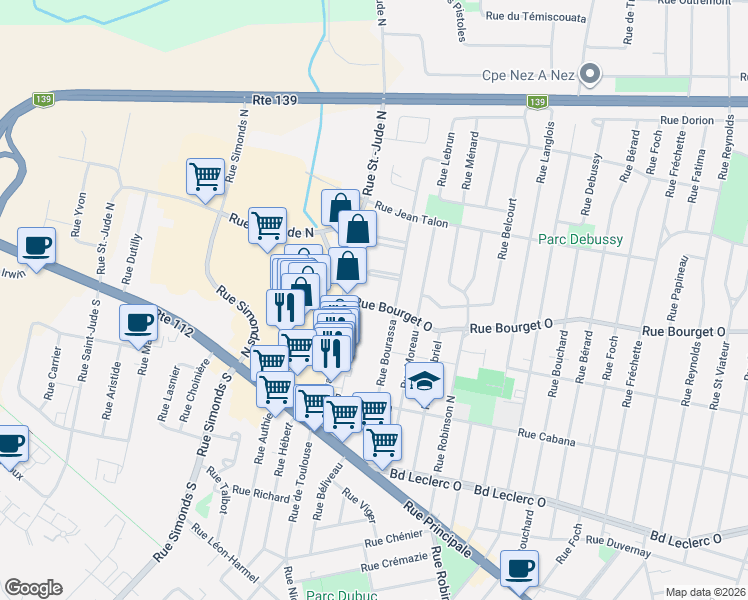 map of restaurants, bars, coffee shops, grocery stores, and more near 733 Rue Bourget Ouest in Granby