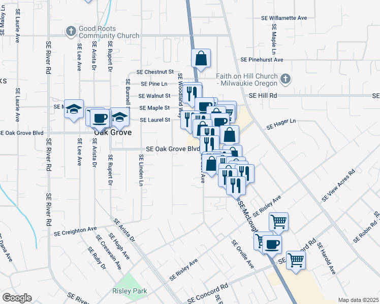 map of restaurants, bars, coffee shops, grocery stores, and more near 2906 Southeast Oak Grove Boulevard in Milwaukie