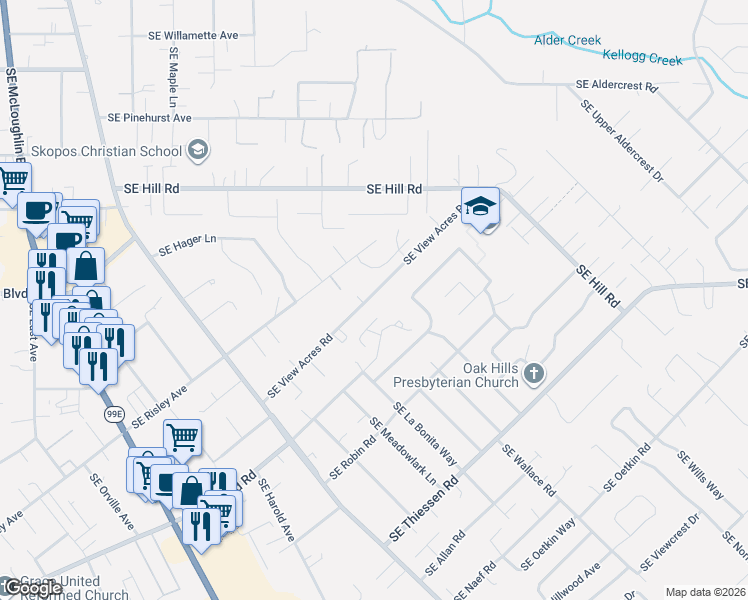 map of restaurants, bars, coffee shops, grocery stores, and more near 4408 Southeast View Acres Road in Milwaukie