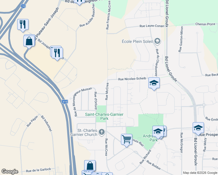 map of restaurants, bars, coffee shops, grocery stores, and more near 1182 Rue McCrea in Sherbrooke