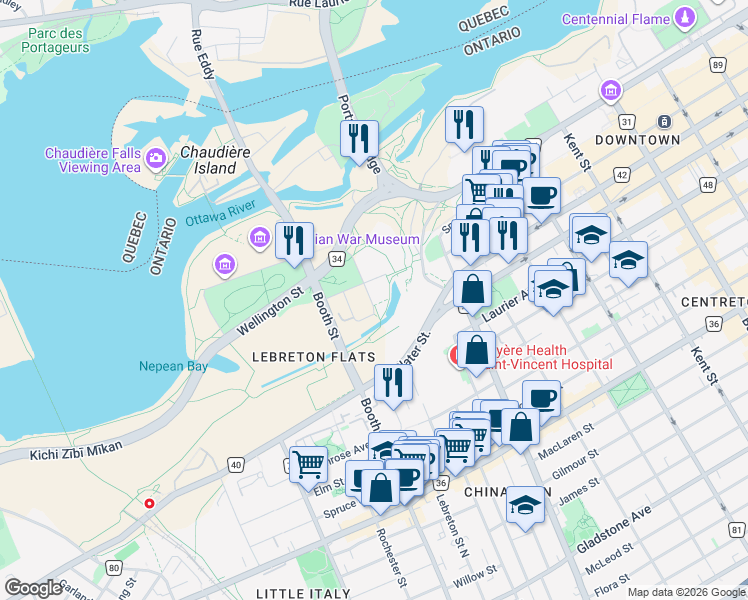 map of restaurants, bars, coffee shops, grocery stores, and more near 300 Lett Street in Ottawa