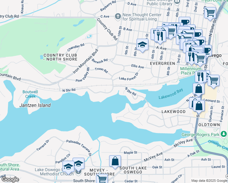 map of restaurants, bars, coffee shops, grocery stores, and more near 1024 Northshore Road in Lake Oswego