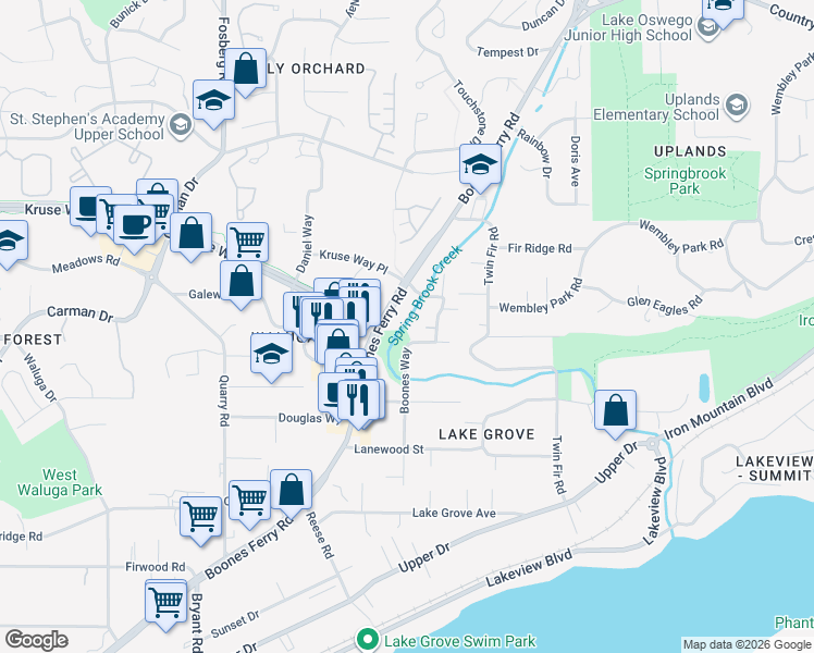 map of restaurants, bars, coffee shops, grocery stores, and more near 3656 Spring Lane in Lake Oswego