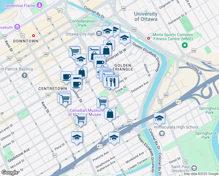 map of restaurants, bars, coffee shops, grocery stores, and more near 341 Elgin Street in Ottawa