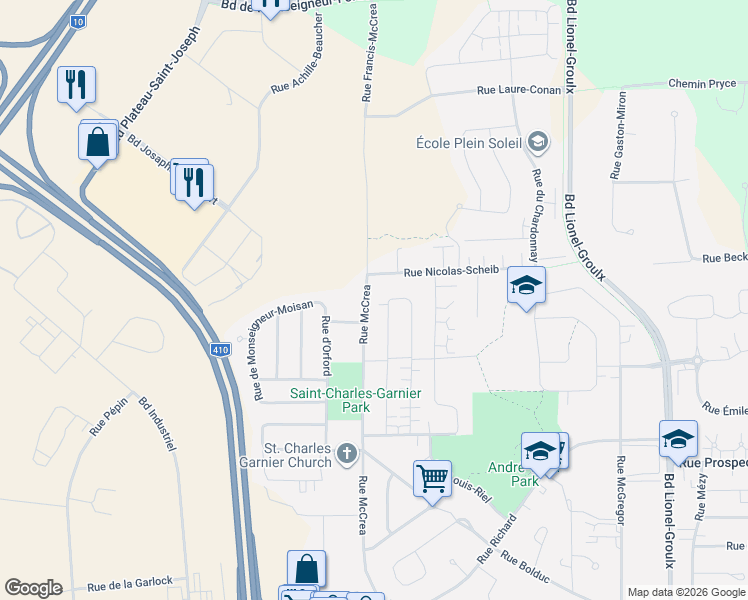 map of restaurants, bars, coffee shops, grocery stores, and more near 1182 Rue McCrea in Sherbrooke