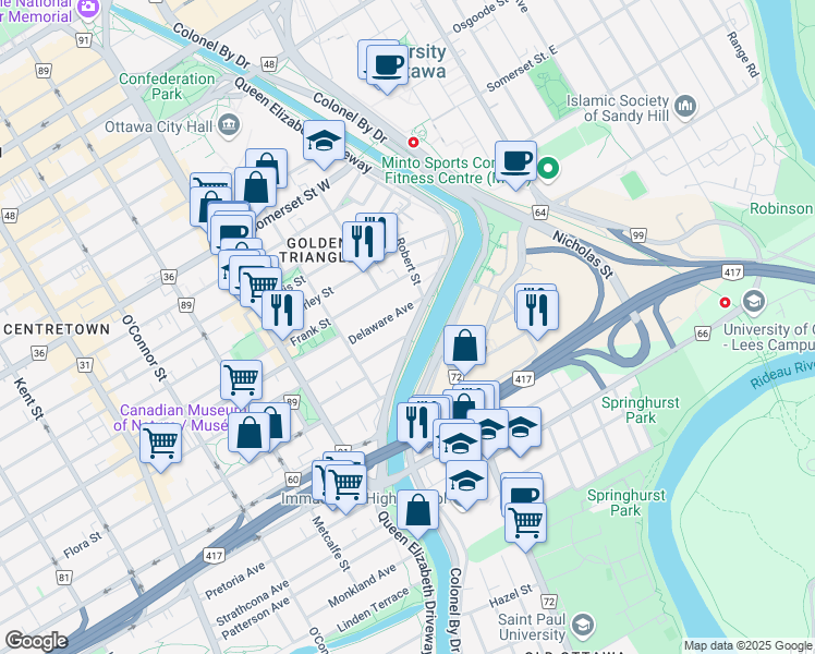 map of restaurants, bars, coffee shops, grocery stores, and more near 108 Queen Elizabeth Driveway in Ottawa