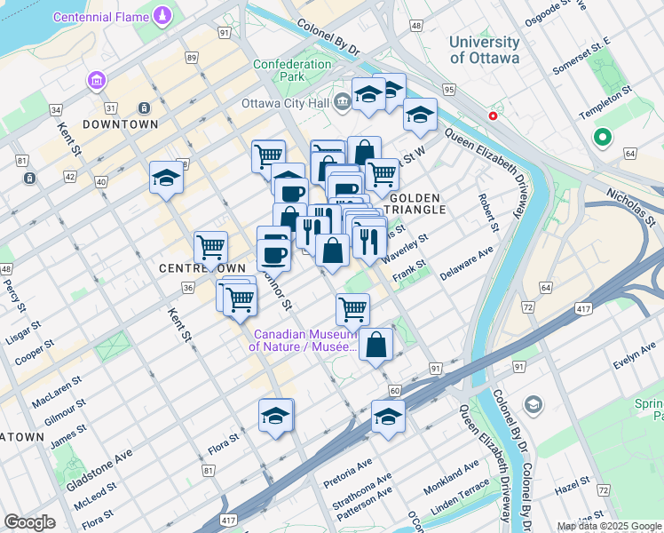 map of restaurants, bars, coffee shops, grocery stores, and more near 233 Gilmour Street in Ottawa
