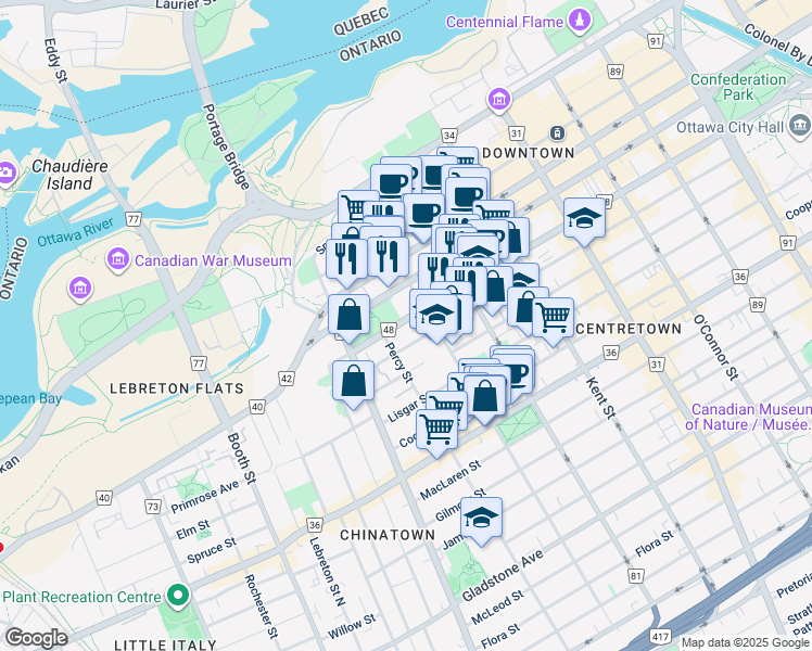 map of restaurants, bars, coffee shops, grocery stores, and more near 530 Laurier Avenue West in Ottawa