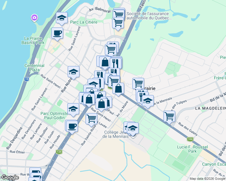 map of restaurants, bars, coffee shops, grocery stores, and more near 574 Chemin de Saint-Jean in La Prairie