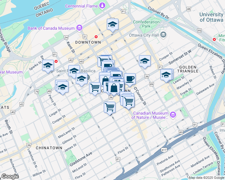 map of restaurants, bars, coffee shops, grocery stores, and more near in Ottawa