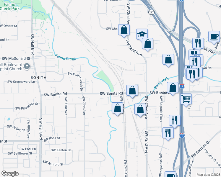 map of restaurants, bars, coffee shops, grocery stores, and more near 14199 Southwest Milton Court in Tigard