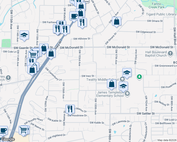 map of restaurants, bars, coffee shops, grocery stores, and more near 14445 Southwest 100th Avenue in Tigard