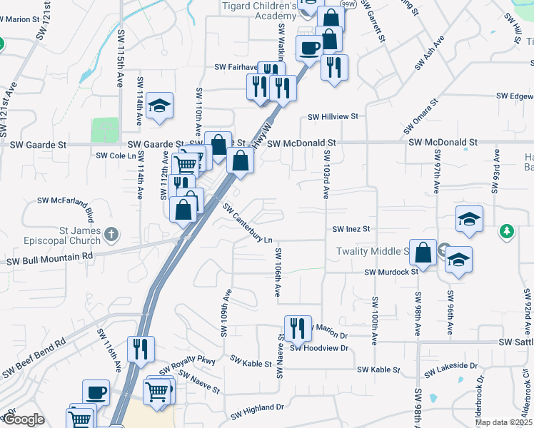 map of restaurants, bars, coffee shops, grocery stores, and more near 10743 Southwest Canterbury Lane in Tigard